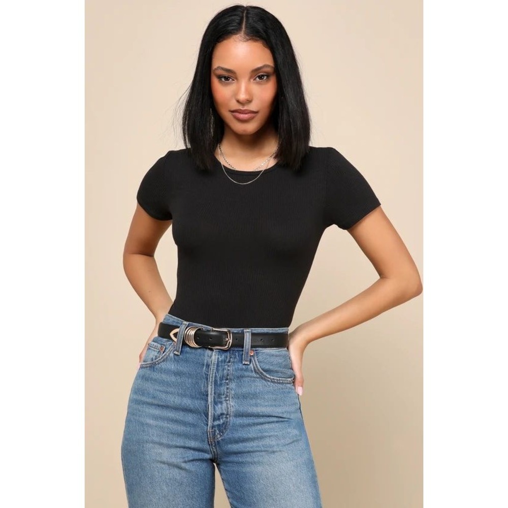 NWT Lulus Kinship Ribbed Bodysuit Short Sleeve Crew Neck‎ Black Extra Small